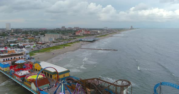 Aerial view of Pier off the coastal area of Galveston Island Texas