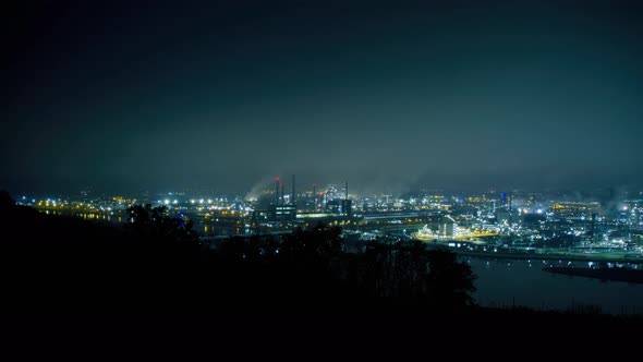 Night timelapse shot of giant industry complex in Linz