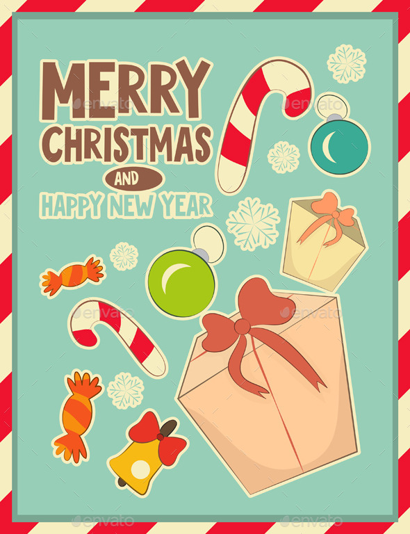 Christmas Retro Postcard with Toys and Gift Box