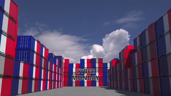 Containers with CYBER MONDAY Text and Flags of France