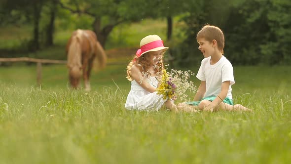 Little Children Are Sitting on the Lawn, the Girl Has a Bouquet of Flowers in Her Hands. Slow Motion