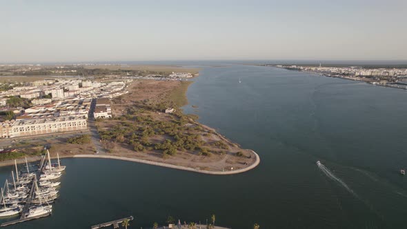 Calm Guadiana River and Ayamonte Marina, Huelva, Spain. Aerial panoramic view