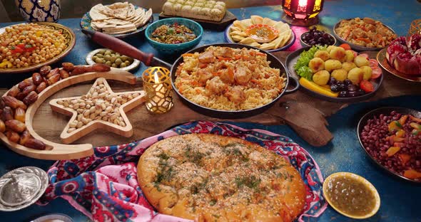 Traditional Dishes to Serve During Ramadan Falafel Samosa Chickpeas Beans Pita Bread Pilaf Tajine