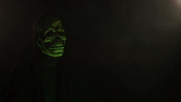 Scary Skeleton skull head figure in a hood for Halloween or horror videos