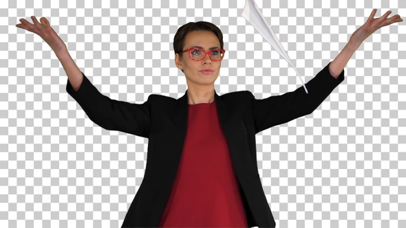 Businesswoman in glasses is scattering documentsСЋ, Alpha Channel