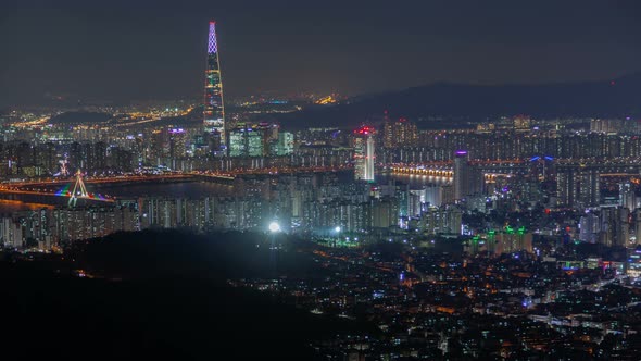 Timelapse Seoul Buildings at Famous Tower Reflected in Water