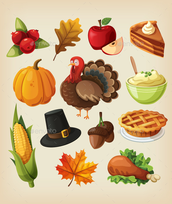 Set of Cartoon Icons for Thanksgiving Day
