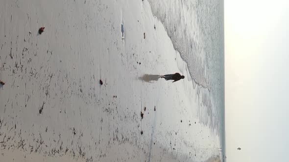 Vertical Video of Low Tide in the Ocean Near the Coast of Zanzibar Tanzania Aerial View