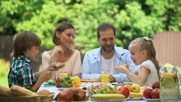 Hungry Kids Eating Delicious Pizza, Childrens Favorite Food, Italian Cuisine