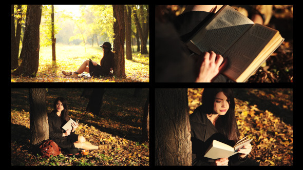 Girl Reading Book In Autumn Park