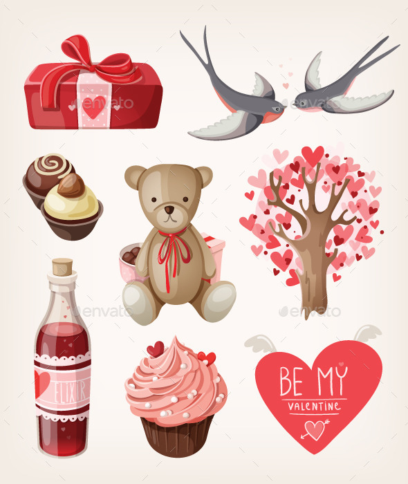 Set of Romantic Items for Valentine Day