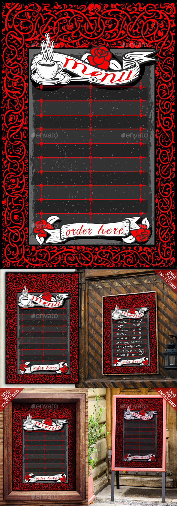 Vintage Dark Menu with Red Roses and Banners