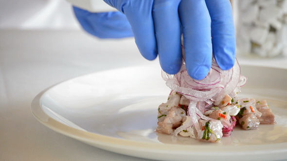 Professional Chef Hands Making Ceviche