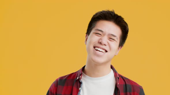 Positive Asian Guy Laughing Looking At Camera On Yellow Background