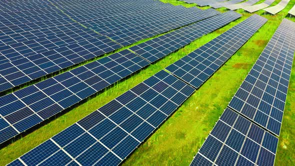 Aerial view of solar photovoltaic panels in spring