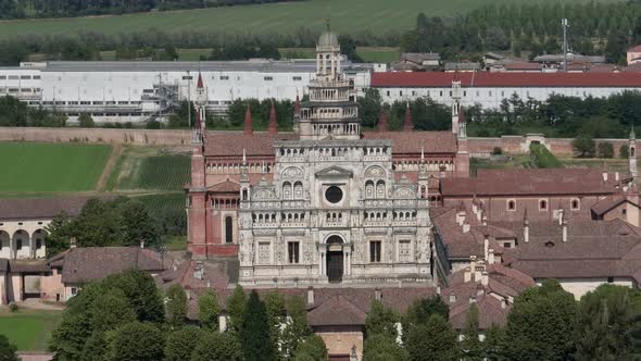 Aerial view of the Certosa di Pavia at sunny day, built in the late fourteenth century, courts and t