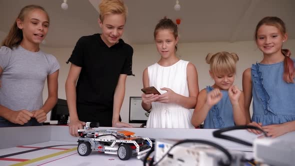 Robotics Competitions. A Group of Children Assembled Robots From Plastic Parts.