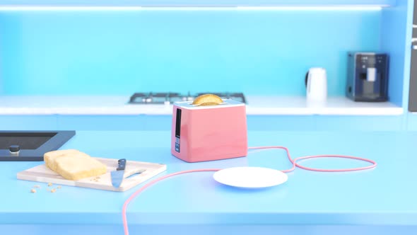 Cute animation with a pink toaster in the colorful kitchen Valentine day