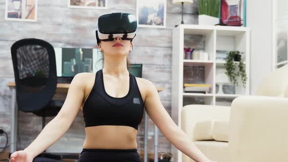 Caucasian Woman Doing Yoga Relaxation with Virtual Reality Glasses