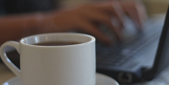 Woman Typing on Laptop And Drinking Tea alt