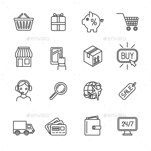 Shopping e-commerce icons set flat outline