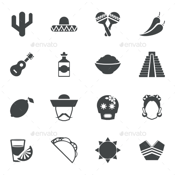 Mexico black icons set