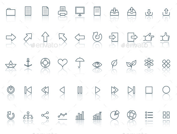 Fifty icons. Simple line with reflection