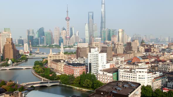 Shanghai Wusong River or Suzhou Creek Urban Cityscape Aerial Skyline Panorama Timelapse Zoom Out