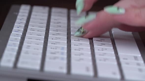 Business Woman's Fingers are Typing on the Keyboard of a White Laptop