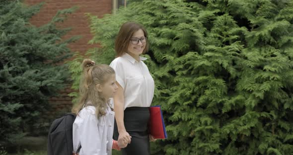 Primary School Teacher Woman Holding Child Hand