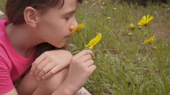 A little girl is looking at a yellow daisy.