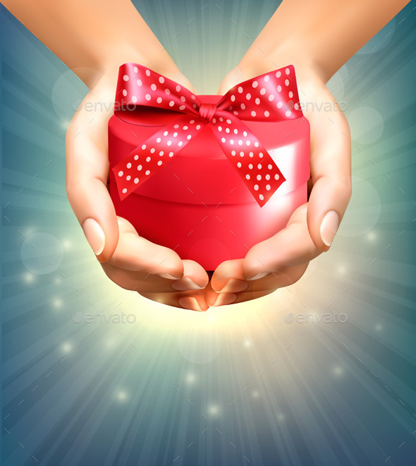 Holiday Background with Hands Holding Gift Box