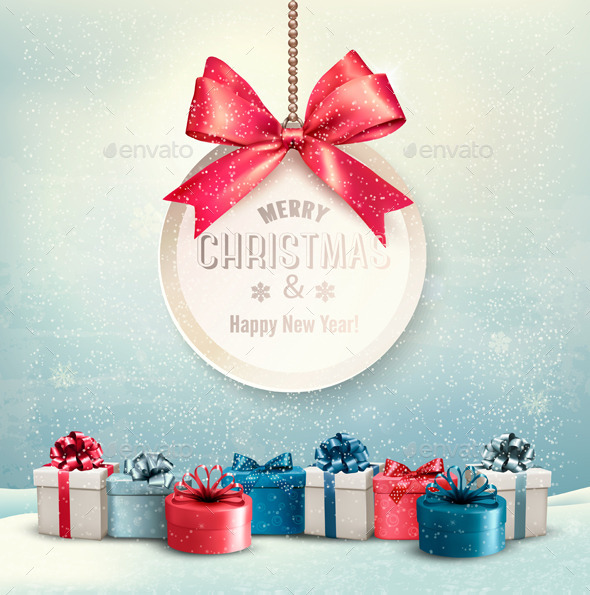 Merry Christmas Card with a Ribbon and Gift Boxes