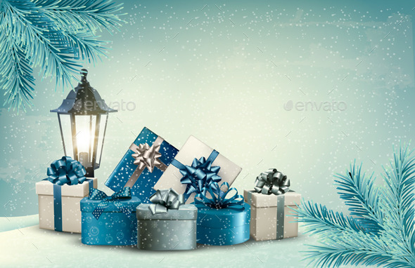 Christmas Background with a Lantern and Presents