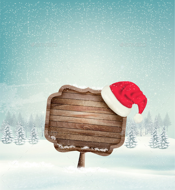 Winter Christmas Landscape with a Wooden Sign