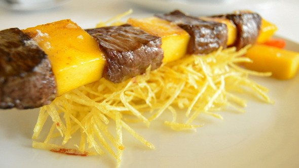Skewer of Meat and Mango Fruit