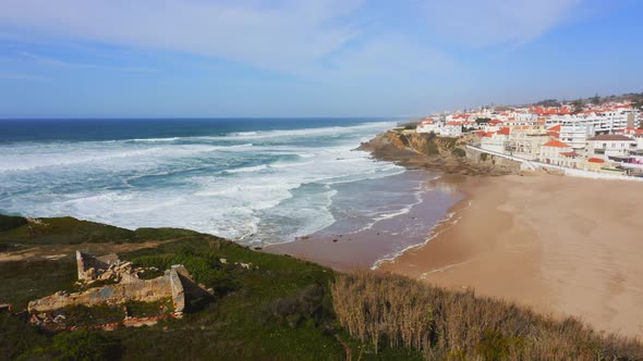 Aerial Drone View of Portugal Coastal Town with Houses in Housing Market in Sintra, Lisbon, Europe,