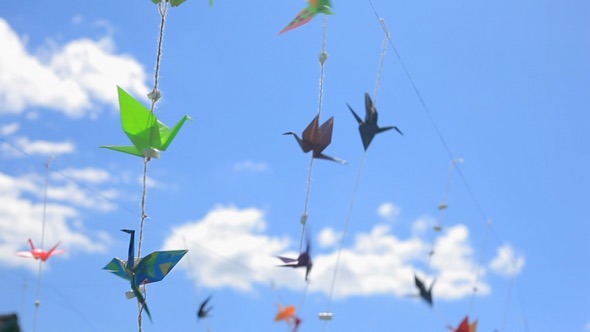 Origami Japanese Cranes Floating in the Wind