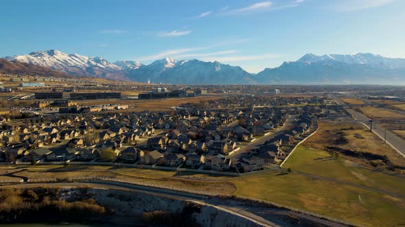 Panoramic, parallax aerial view of Silicon Slopes in Lehi, Utah - an idyllic community below picture