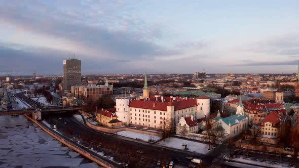 Aerial Winter Riga Old Town View