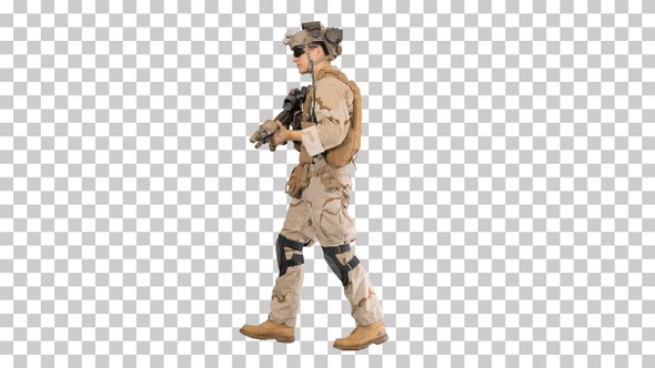 Armed man in camouflage with a gun walking, Alpha Channel