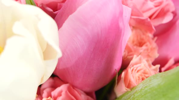 Beautiful Bouquet Flower with Roses and Tulips, on White, Rotation, Close Up