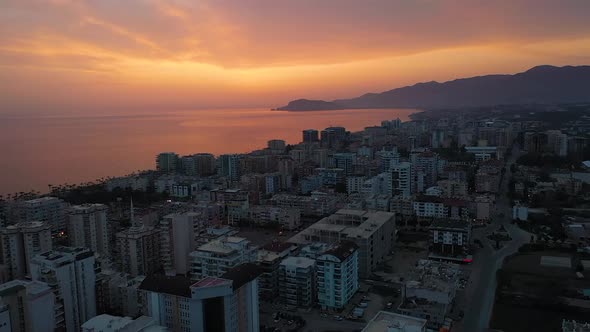 Drone View Alanya City Sunset