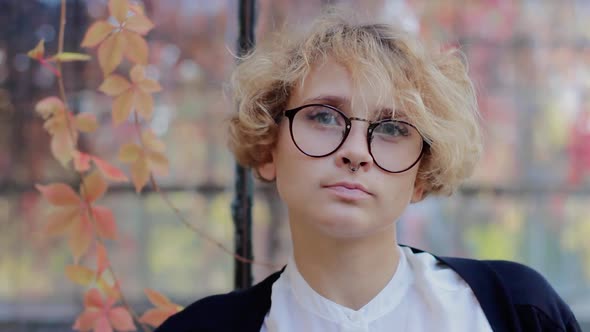 Beauty Portrait, Beautiful Caucasian Blonde Woman in Glasses, Looking at Camera