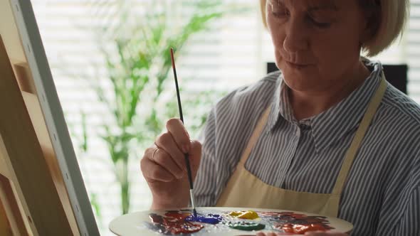 Video of concentration senior female artist painting at easel. Shot with RED helium camera in 8K.
