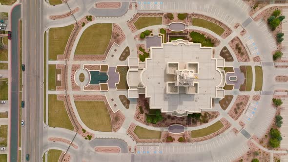 Aerial Top Birds Eye View from LDS Mormon Payson Utah Temple Revealing the Incredible Design and Par