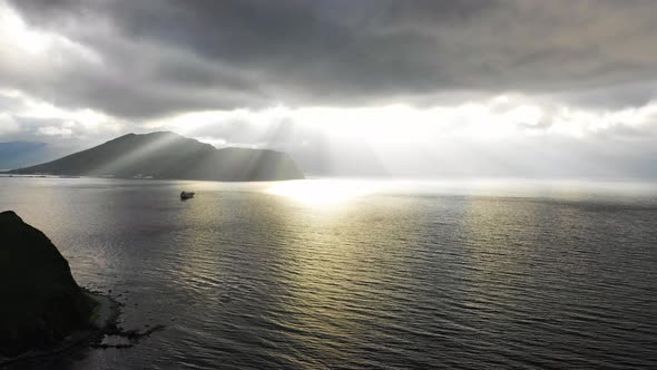 Aerial view of boats sailing Summer Bay, Unalaska, Alaska, United States..