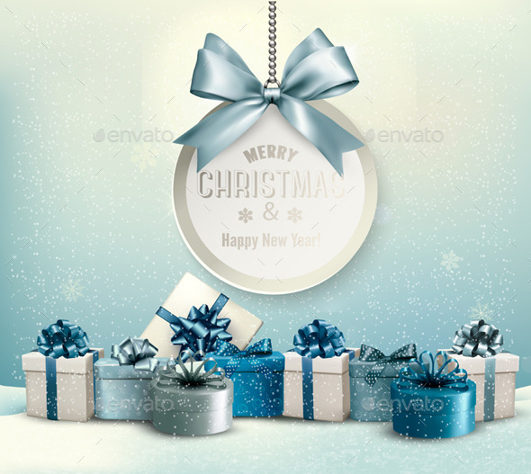 Merry Christmas Card with a Ribbon and Gift Boxes