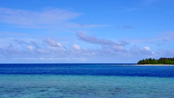 Aerial drone panorama of lagoon beach trip by blue ocean and sand background