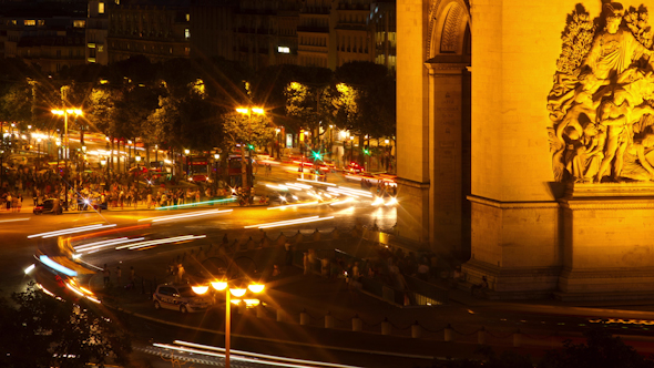Arc Du Triomphe Traffic At Night, Paris France